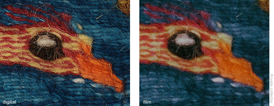 2 copy images of a tapestry showing difference in quality of film and direct digital capture