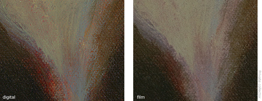 a 3x comparison of an oil painting captured digitally and on film